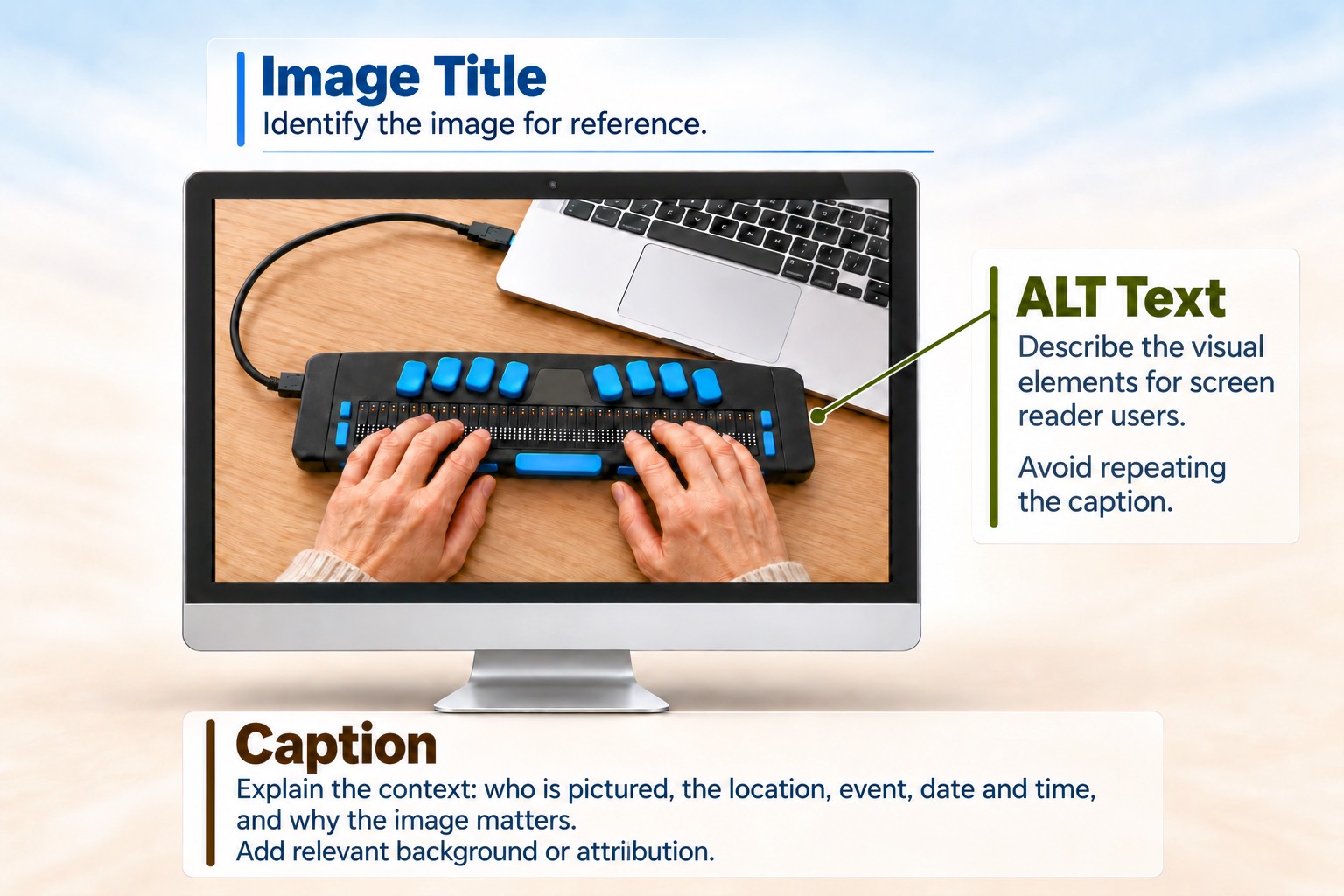 Two hands touch a keyed device connected to a laptop on a wooden desk, framed by labels for Image Title, ALT Text, and Caption.