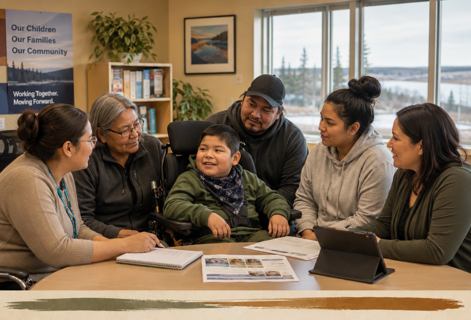 Five Indigenous adults sit around a table turned toward a smiling Indigenous boy who uses a wheelchair with a headrest and a chest strap. An elder woman with grey hair sits at his side, an adult man stands behind him, and two adult women and a young adult woman complete the circle. Printed materials, a notebook and a tablet lie on the table. A wall poster reads: Our Children, Our Families, Our Community. Working Together. Moving Forward. Windows look out on evergreens, water and snow.