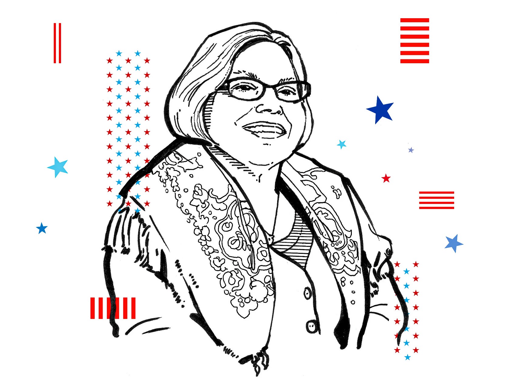 Line art portrait of a smiling middle aged woman with glasses and shoulder length hair, framed by red and blue stars and stripes.