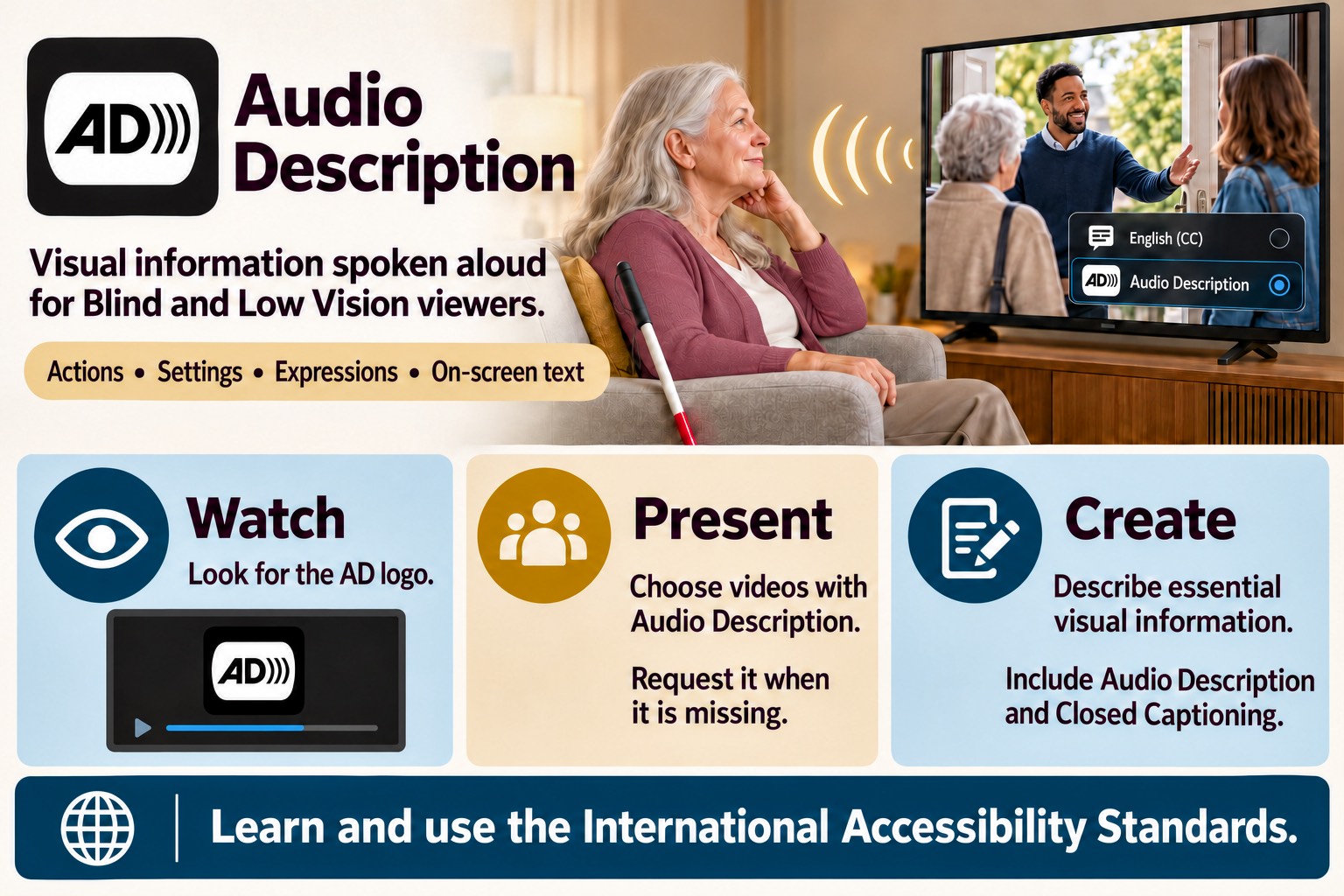 Blind woman watching TV with Audio Description selected, beside the AD logo. Three panels explain how to find, request, and create videos with Audio Description and Closed Captioning.
