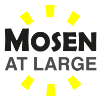 Mosen at Large logo: bold black block letters on a white circle, ringed by yellow rays that form a stylized sun