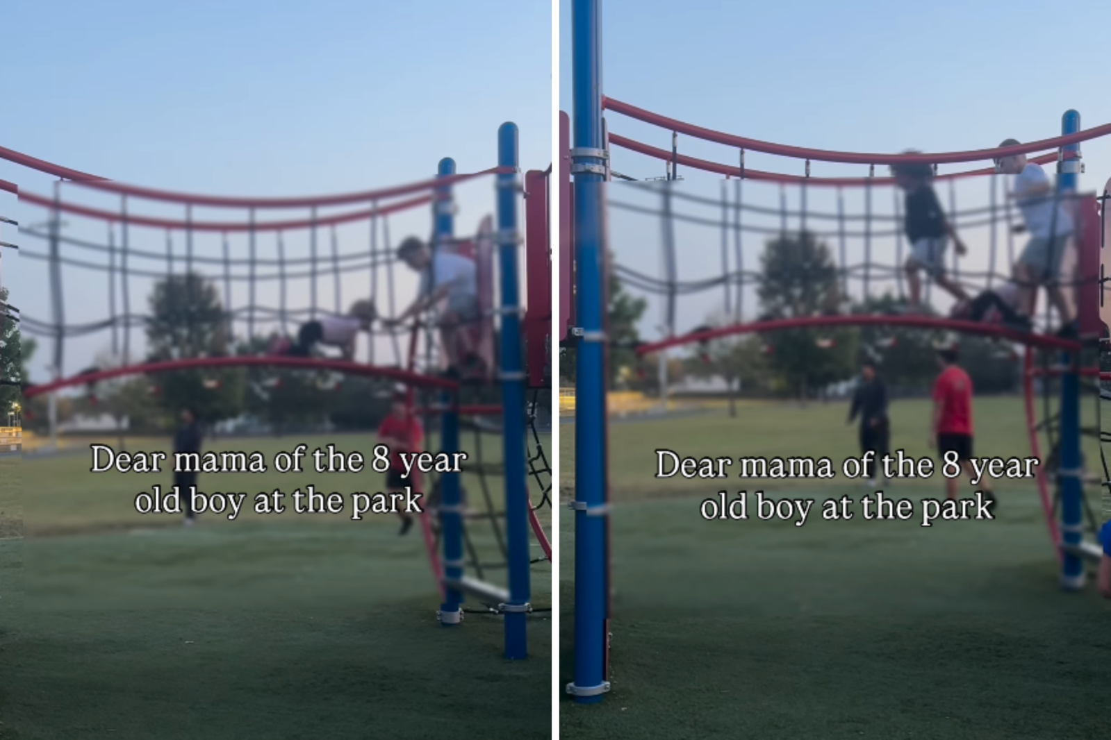Two photos of kids on a playground rope bridge with text: 'Dear mama of the 8 year old boy at the park'.