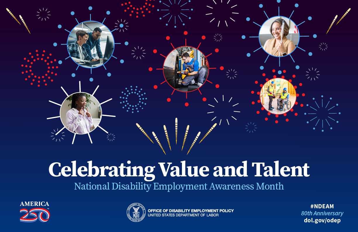 Poster with fireworks around circular photos of workers, text reading “Celebrating Value and Talent” on dark blue gradient.