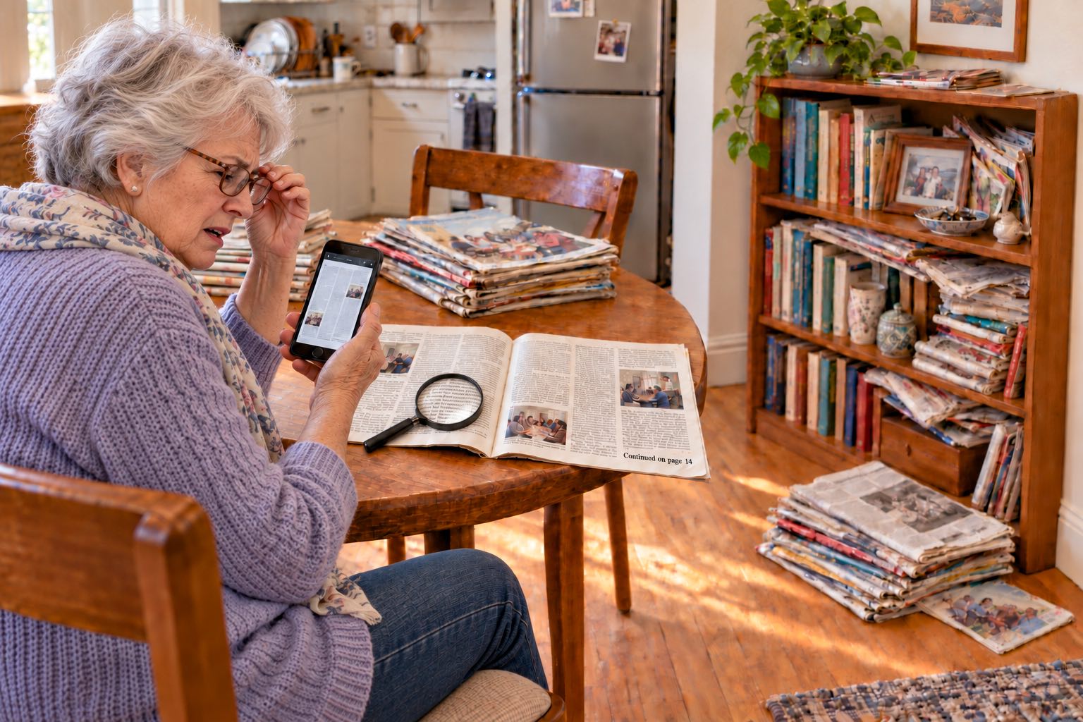 An older woman squints at a phone displaying a magazine PDF with three tiny text columns and two photos, adjusting her glasses with her mouth slightly open in frustration. A magnifying glass rests on the open magazine beside “Continued on page 14.” Worn magazines and newspapers crowd the table, floor, and bookshelf among books, a family photo, and keys.