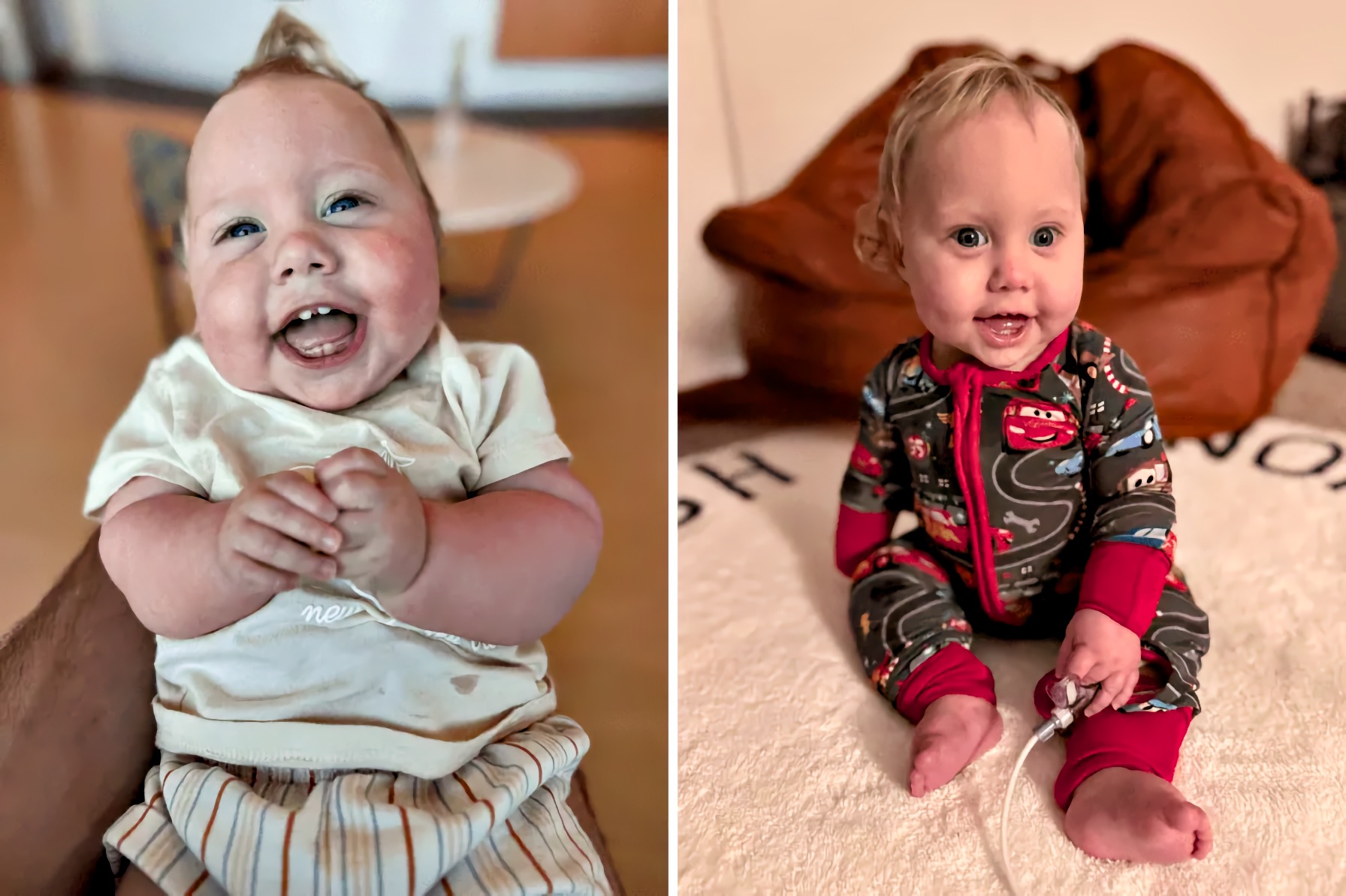 Two photos of a blond toddler boy. Left, he laughs while being held. Right, he sits smiling on a white rug, holding a thin tube.