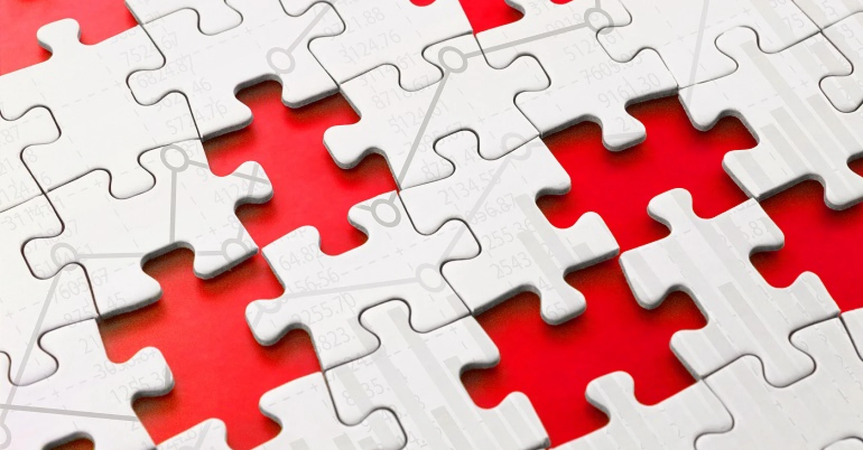 Red background with white puzzle pieces, showing several gaps where pieces are missing, creating an incomplete picture.