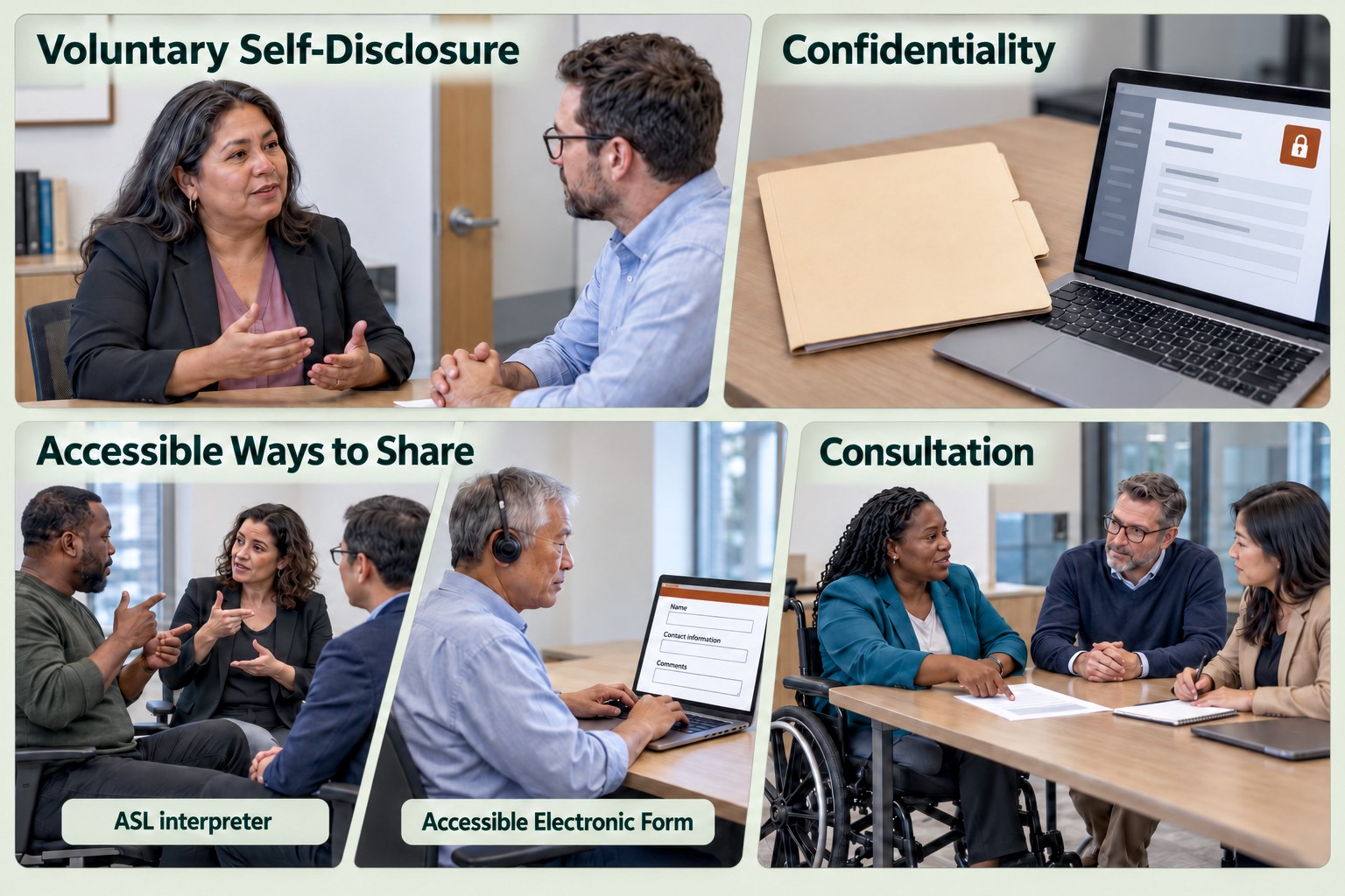Four panels illustrate voluntary disability self-disclosure through a private conversation, confidential records, accessible communication through an ASL interpreter or electronic form, and a wheelchair user contributing to consultation with colleagues.