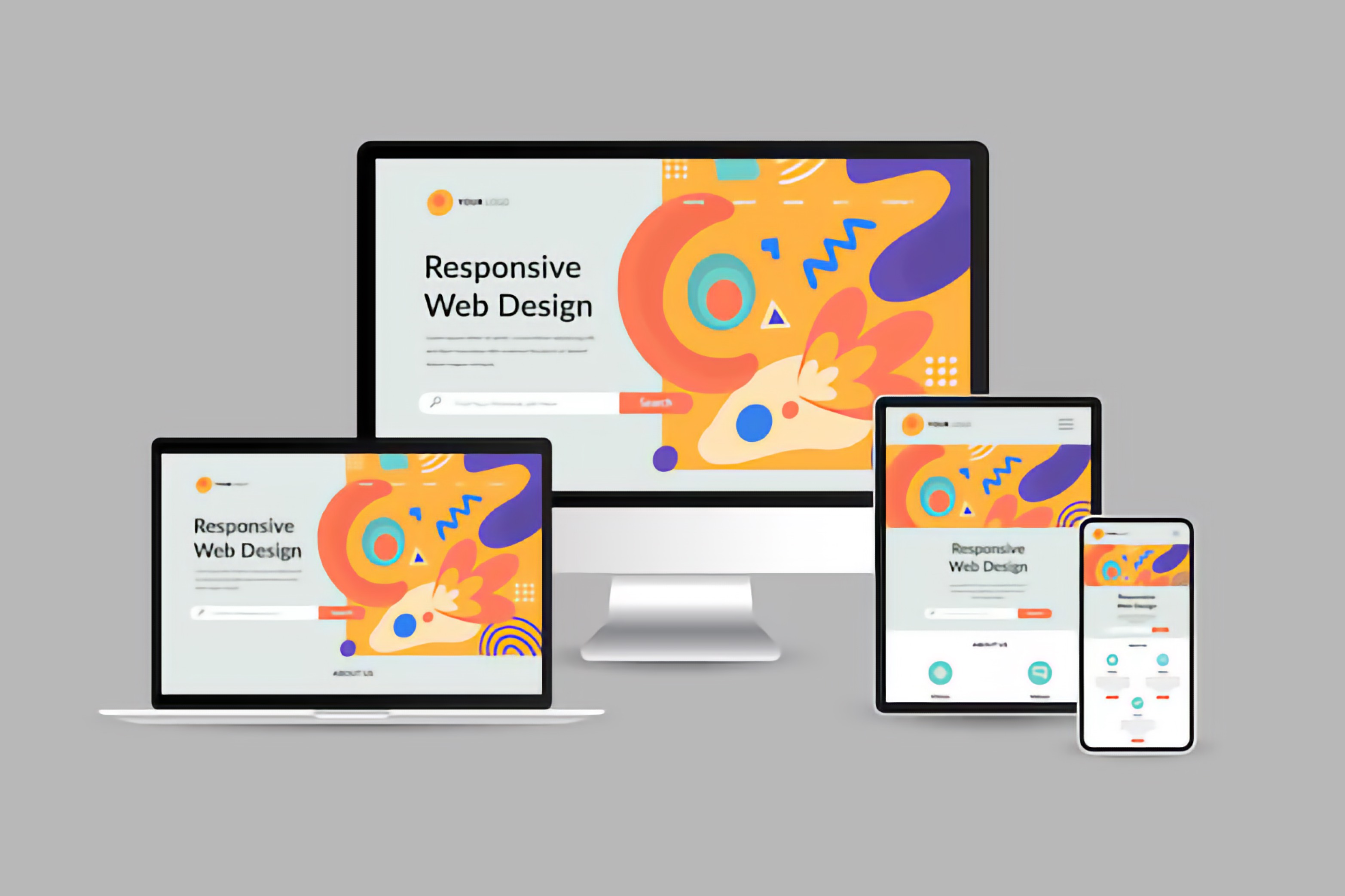 Illustration showing the same website displayed across a desktop monitor, laptop, tablet, and smartphone, with each screen adapting the layout to fit its size.