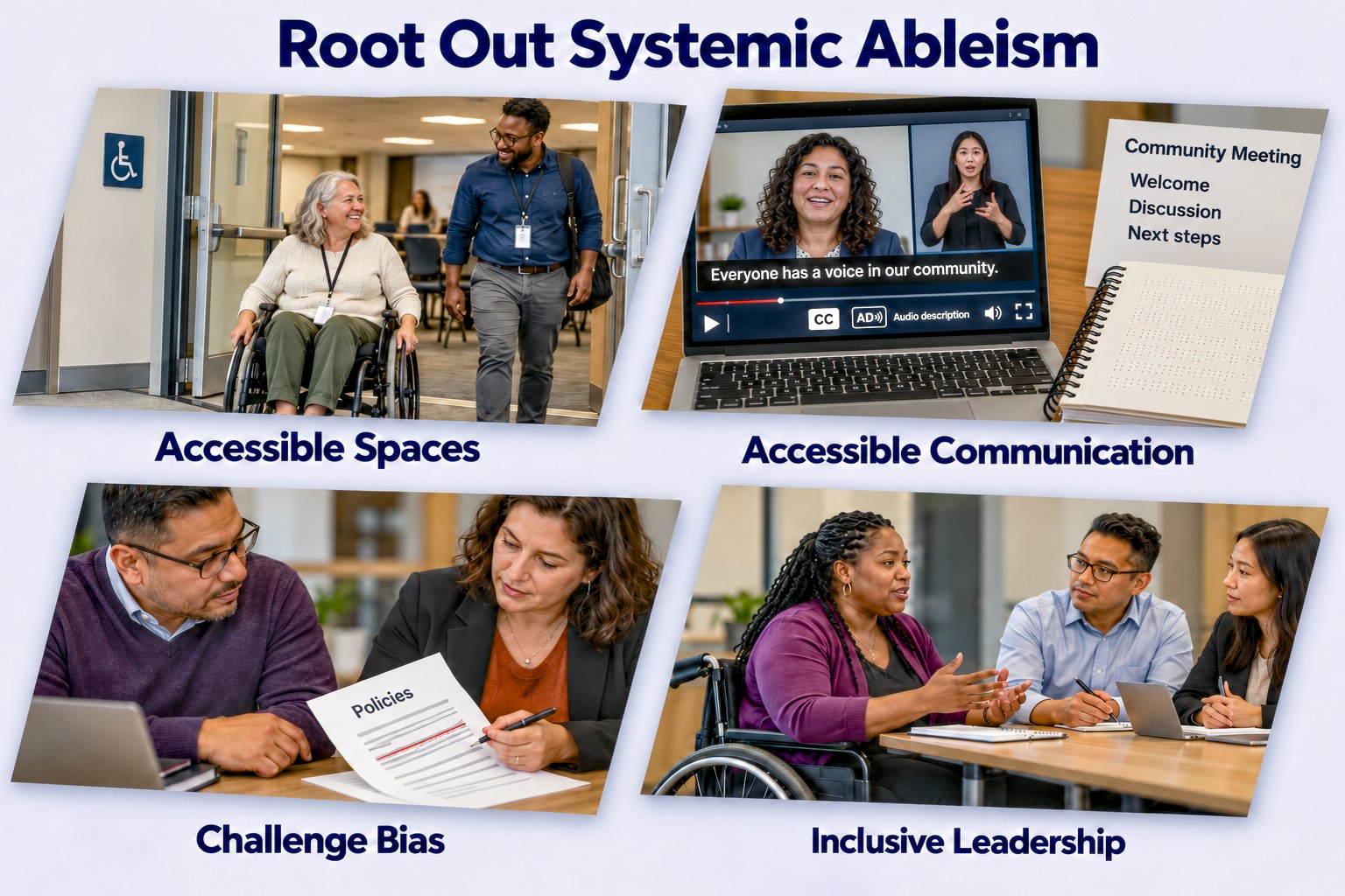 Four panels show a wheelchair user entering a step-free meeting space; video with captions, an ASL interpreter, and audio description alongside Braille and large-print materials; administrators revising policies to challenge bias; and a Black woman using a wheelchair leading a discussion with colleagues.