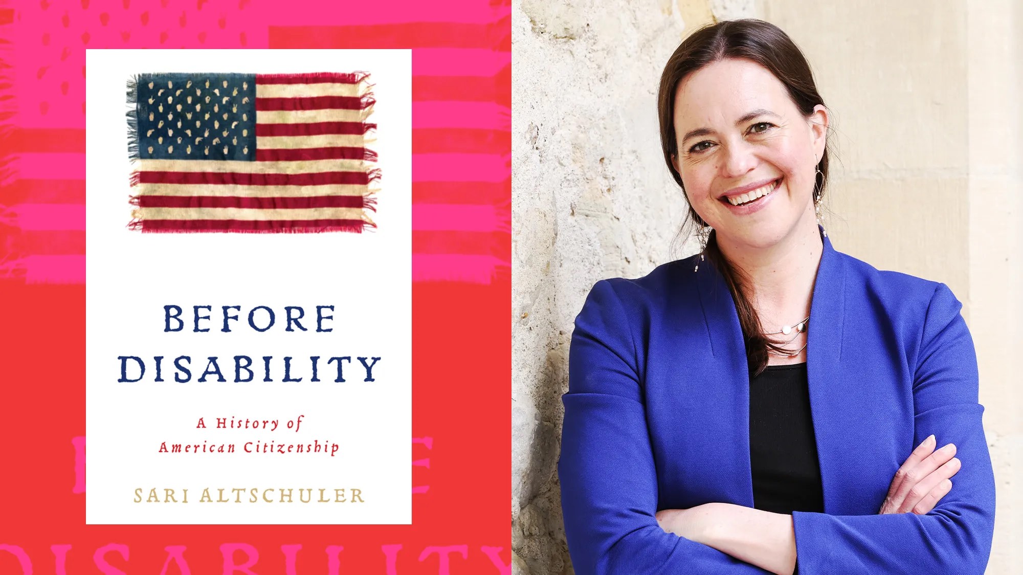 Diptych of the Before Disability book cover, showing a tattered American flag, beside a smiling middle aged woman with brown hair.