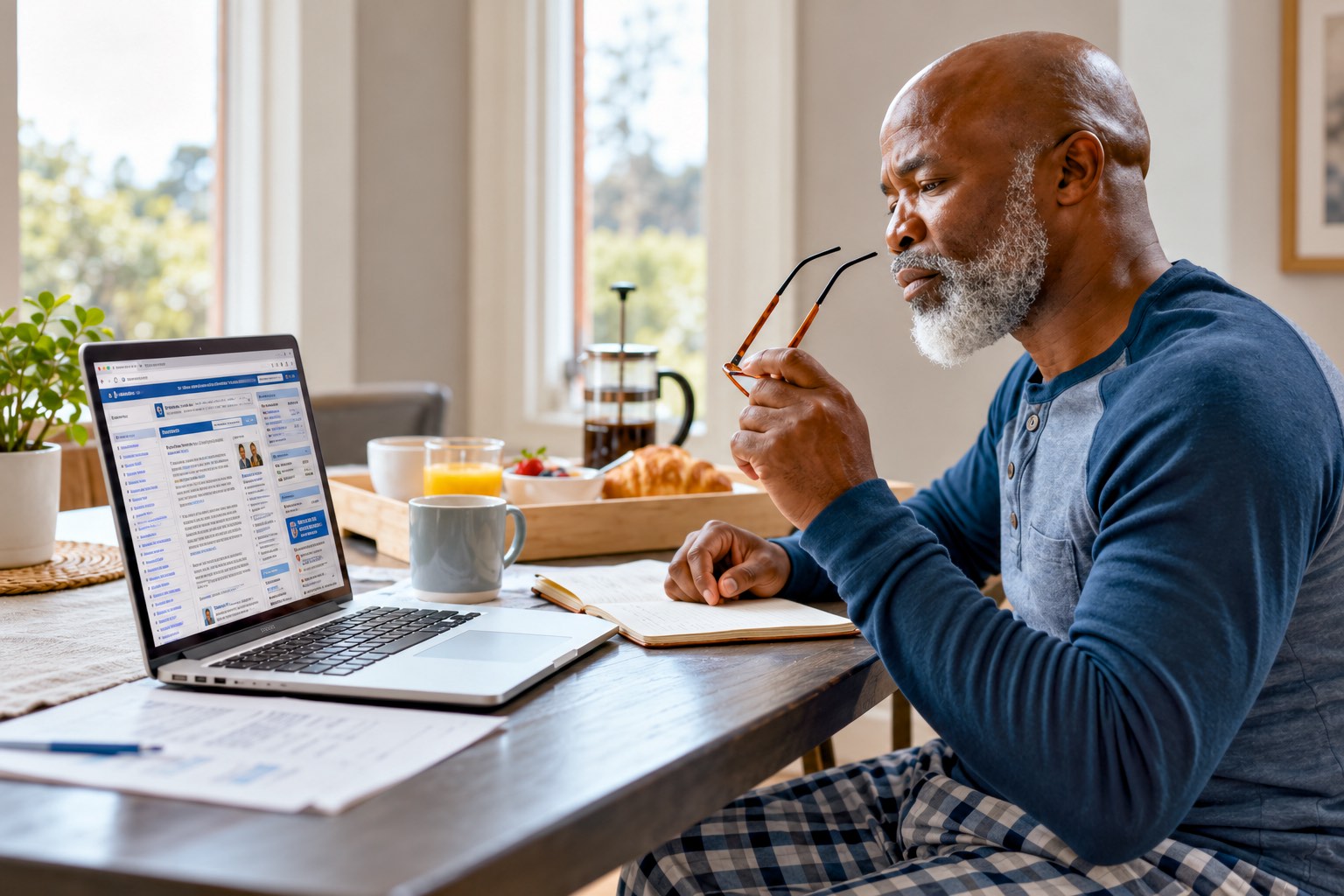 An older Black man holds his reading glasses and squints at a laptop displaying a crowded webpage with small text and tightly packed navigation.