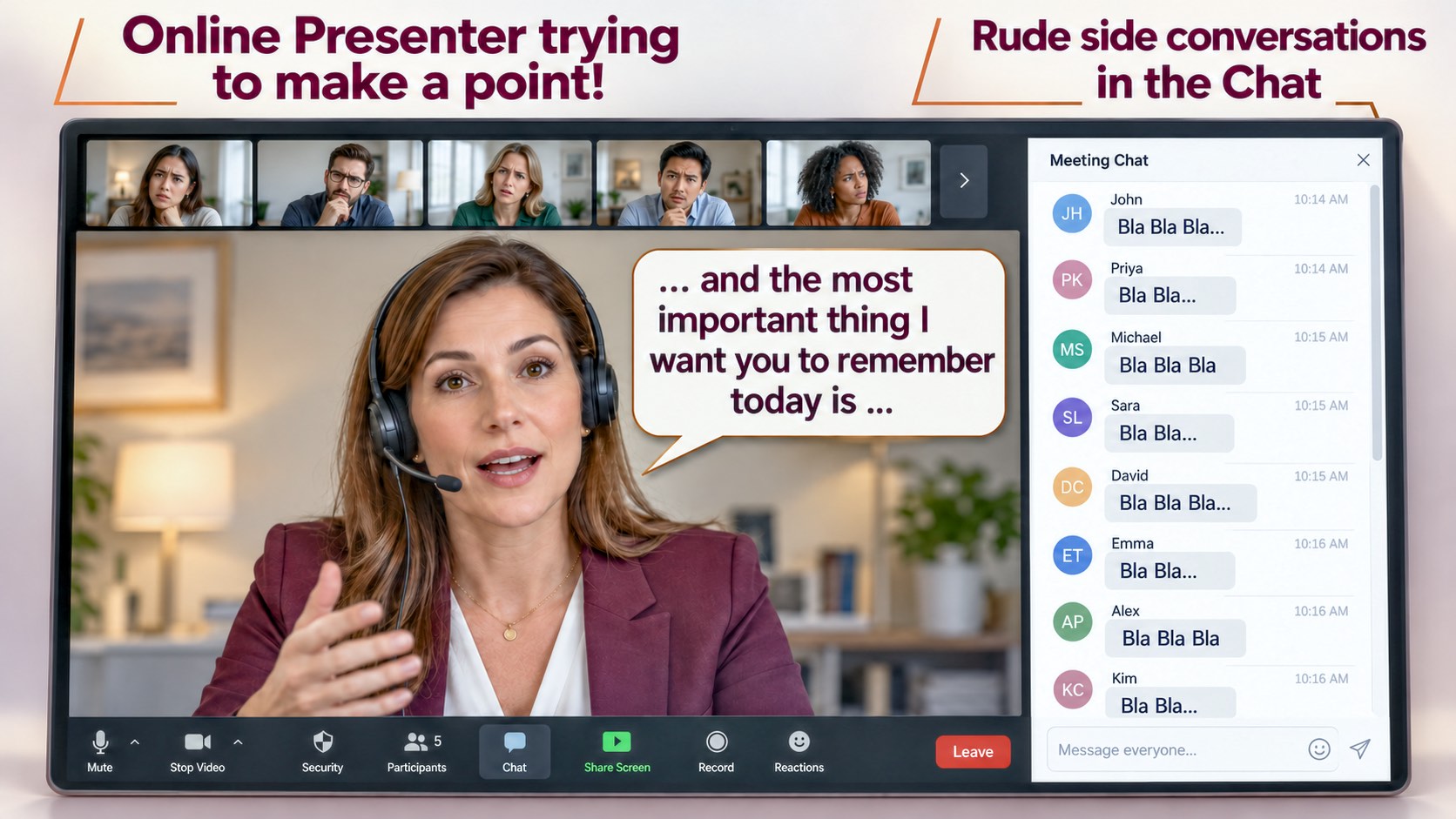 A Zoom presenter says, “The most important thing I want you to remember today is…” Five audience members look confused and distracted while the side chat fills with repeated “Bla Bla Bla” messages.