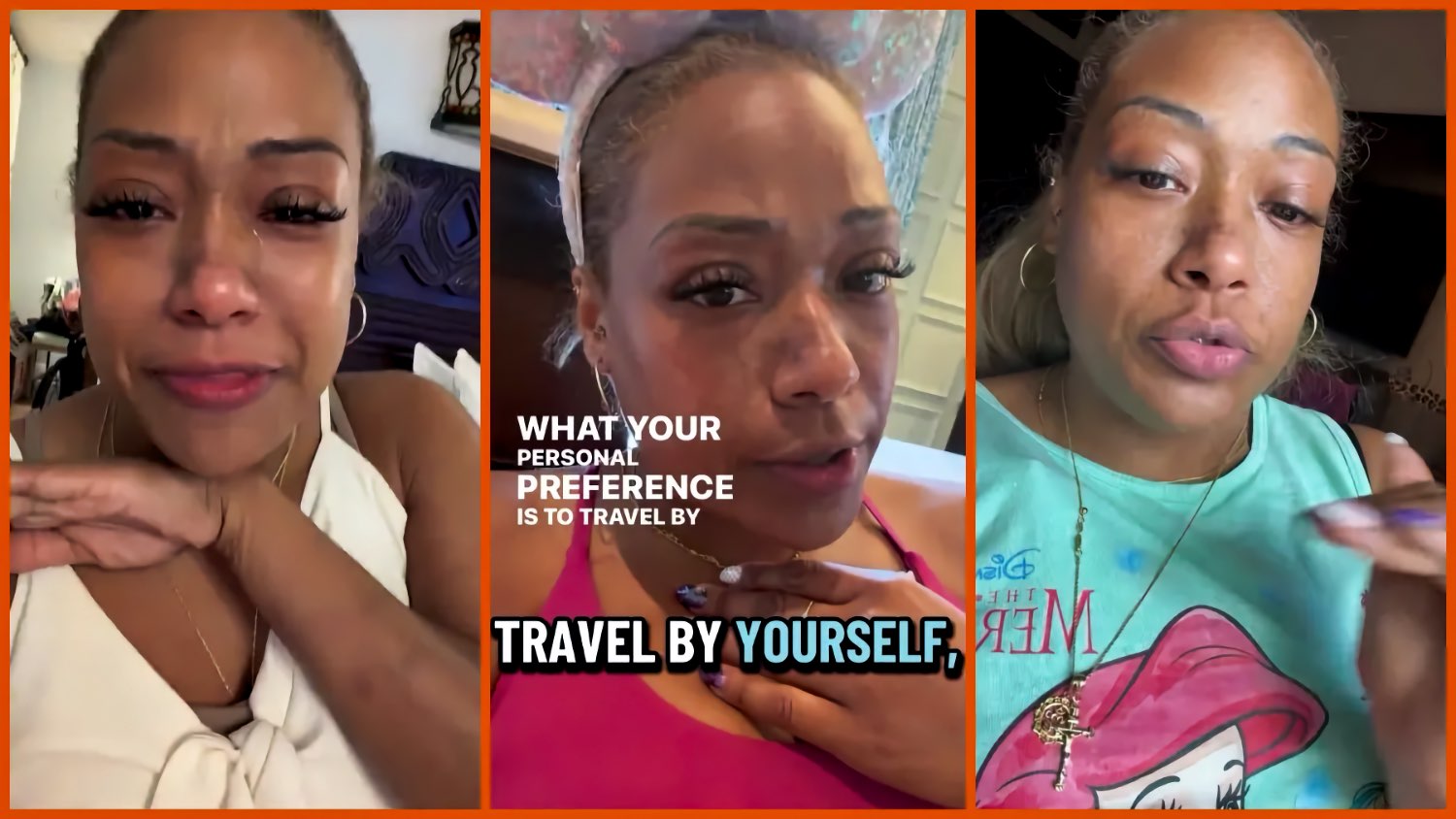 Three video frames of a Black woman who uses a wheelchair. She is in tears in the first frame, speaking with the words TRAVEL BY YOURSELF on screen in the second, and speaking to the camera in the third.