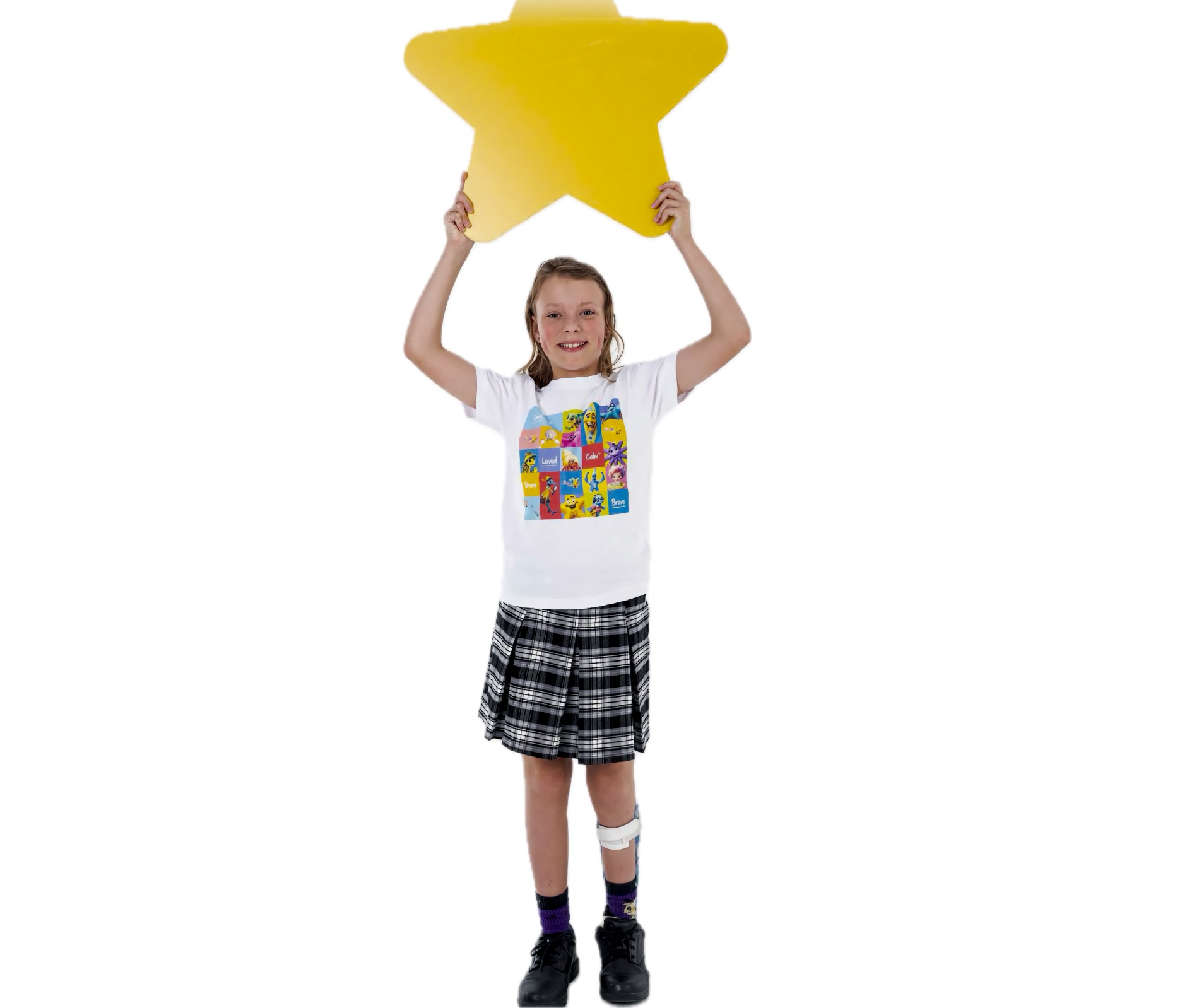 Smiling child holding a large yellow star overhead, wearing a plaid skirt and leg brace.