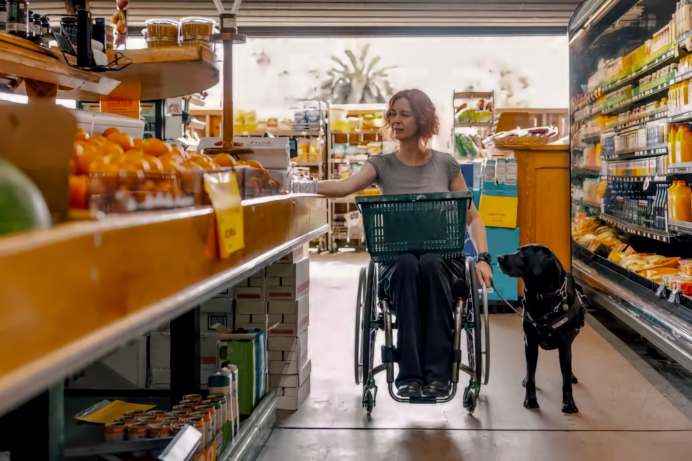 An adult woman uses a manual wheelchair in a grocery store produce aisle, reaching toward a shelf of oranges and other fresh fruit. A black Labrador Retriever stands beside her, wearing a Service Dog harness.