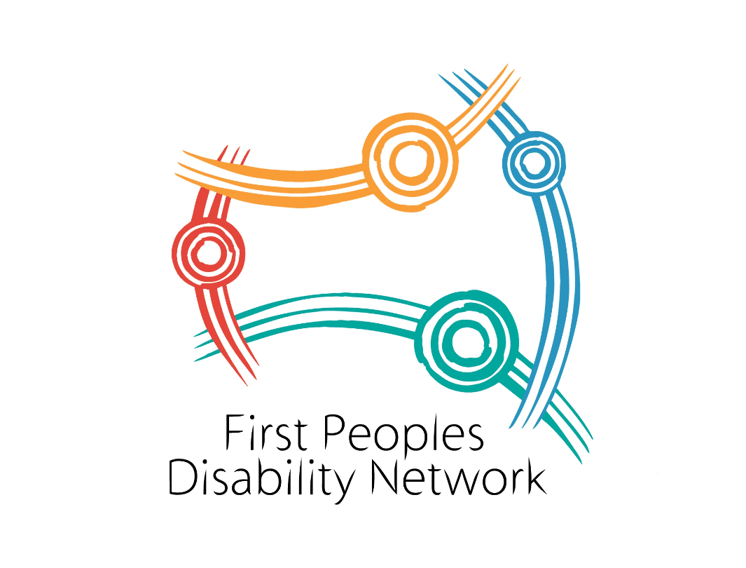 Logo for First Peoples Disability Network: four linked circular motifs with radiating lines in orange, teal, blue, and red forming a rounded square; no people are depicted.