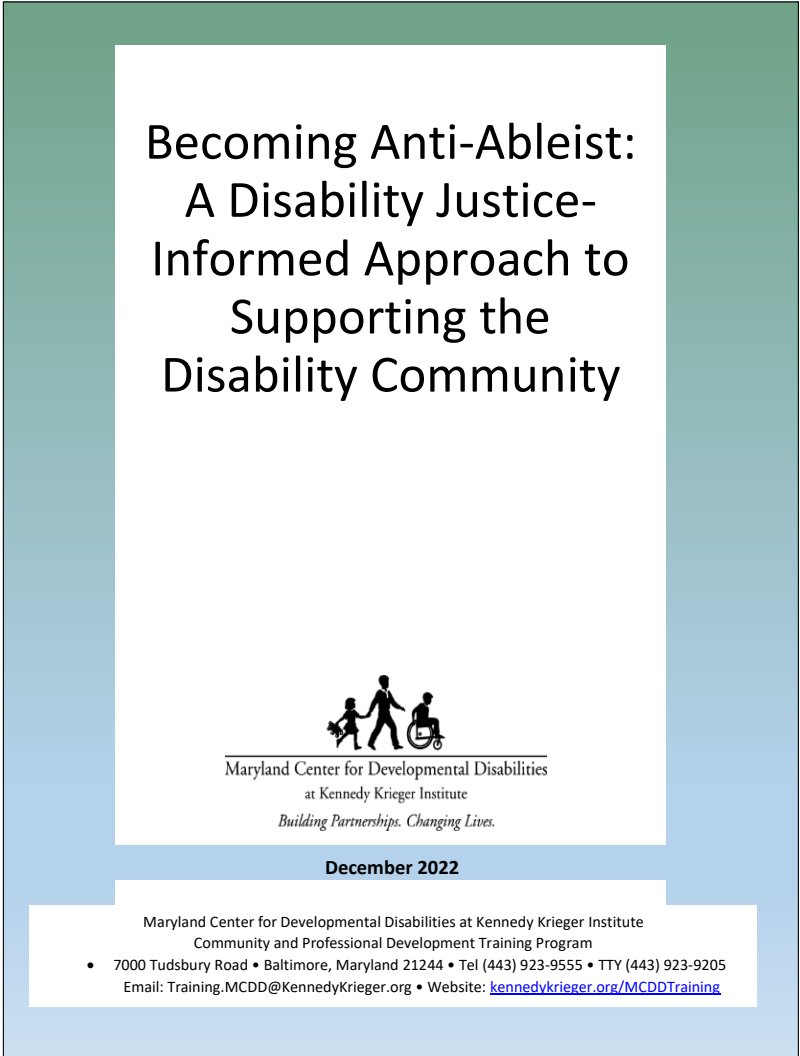 Guide cover titled Becoming Anti Ableist: A Disability Justice Informed Approach to Supporting the Disability Community, December 2022, above a logo of an adult, a child with a toy, and a wheelchair user.