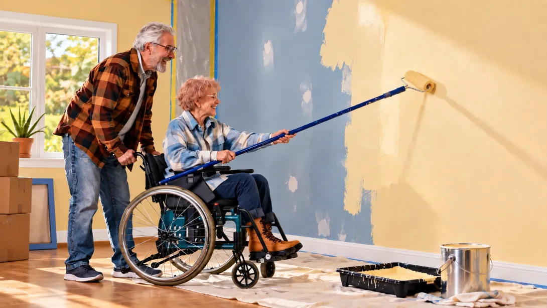 An older woman in a wheelchair paints over a dismal blue-gray wall with a bright warm yellow while an older man stands behind her holding the wheelchair handles. Sunlight fills the room, with a paint tray, bucket, and drop cloth nearby.