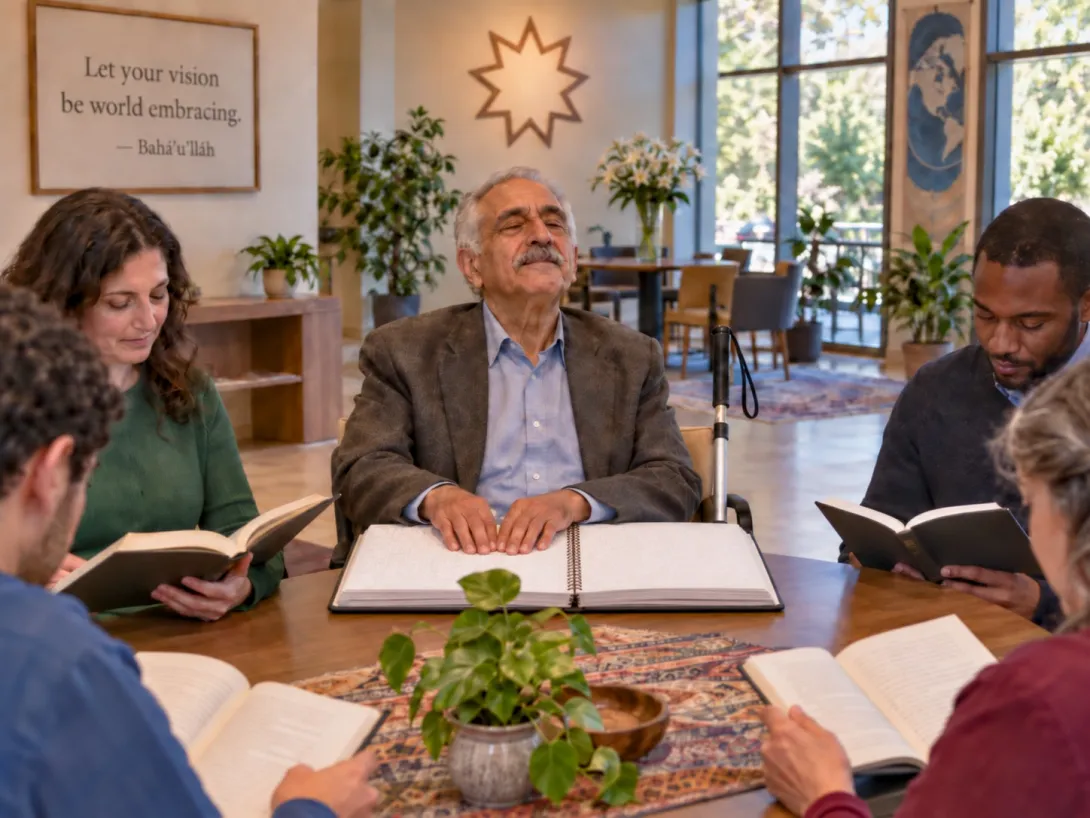 A Blind older Persian man with white hair and a mustache smiles as he reads a braille book at a round wooden table in a Bahá'í study circle. He sits in a chair with his white cane beside him. A woman with curly dark hair and a Black man read print books beside him. Two people in the foreground read print books. A framed quote on the wall reads "Let your vision be world embracing," by Bahá'u'lláh. A nine pointed star hangs on the wall, and a banner with a globe hangs by the windows.