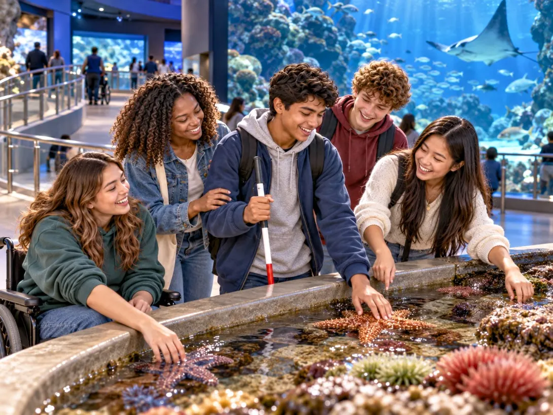 Five diverse young friends enjoy an inclusive aquarium outing at an accessible touch tank, smiling and exploring sea stars and other marine life together, including a blind youth and a wheelchair user.