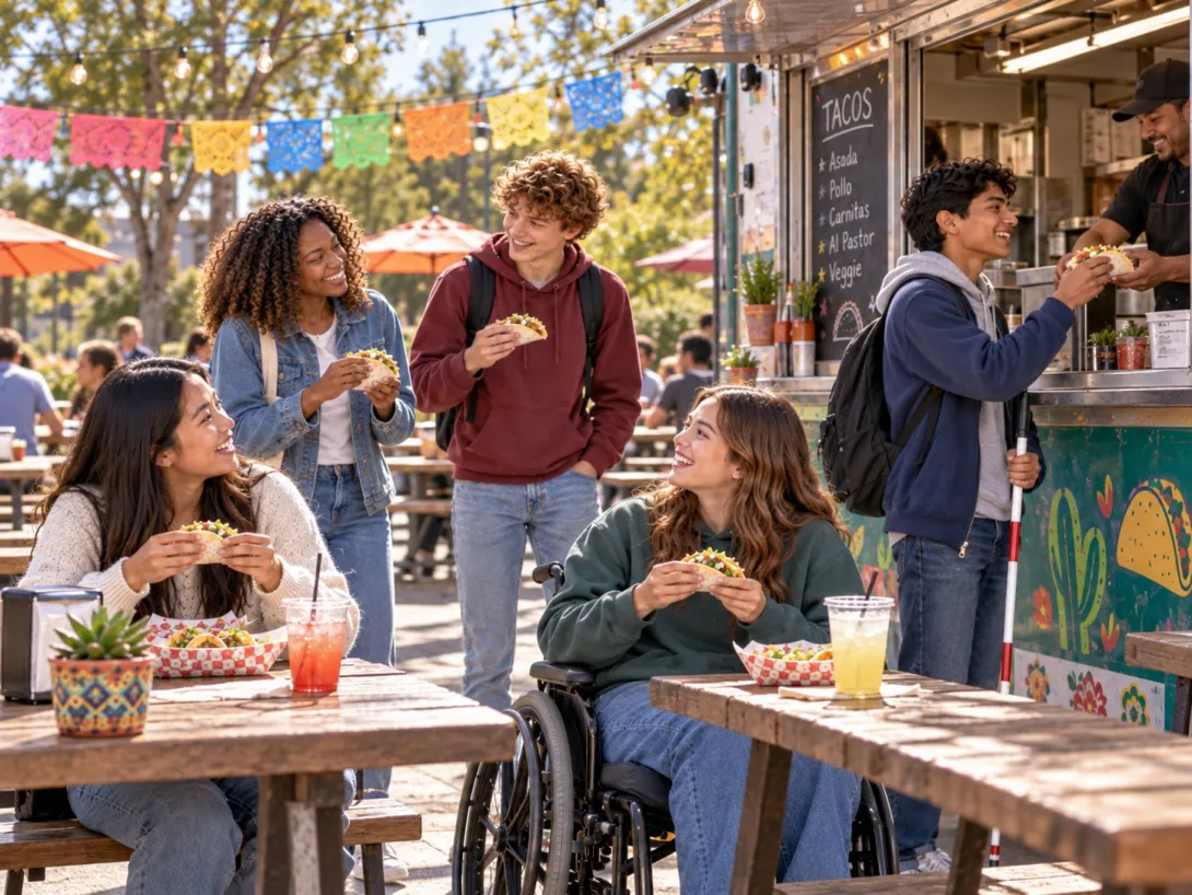Five diverse young friends enjoy tacos together at an outdoor taco truck. A Blind young man with a white cane receives a taco from the vendor at the service window, while his friends eat and talk nearby. One young woman uses a wheelchair at the end of a picnic table, and the group is spread naturally throughout the lively outdoor dining area.