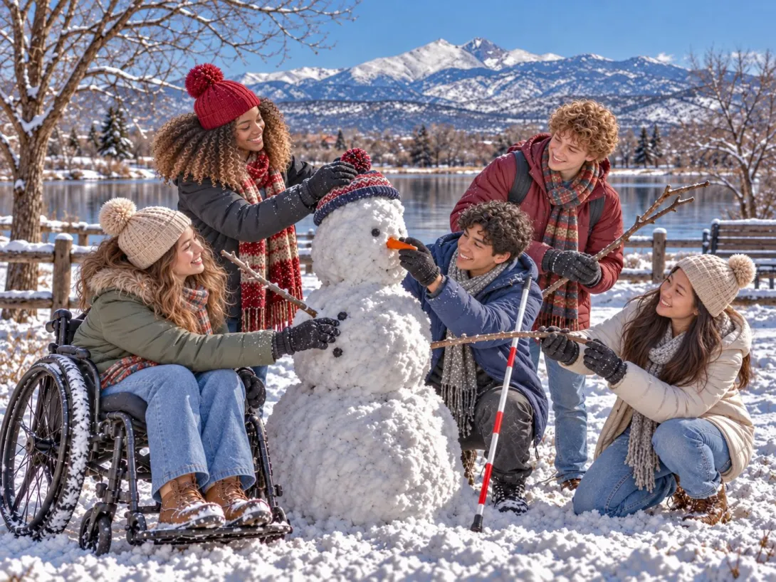 Five diverse young adults in winter clothing work together to decorate a snowman beside a snowy lake, adding a hat, carrot nose, coal buttons, and twig arms. The group includes a blind young man and a young woman who uses a wheelchair, with snow-covered Longs Peak rising prominently in the background.