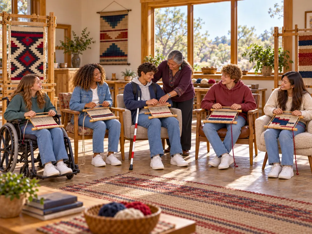 Five diverse youth practice beginner lap-loom weaving in a warm art studio as an elder Diné artist guides the blind young man’s hands through the weaving technique. Each student’s piece is at a different stage of progress, with finished woven work displayed around the studio.