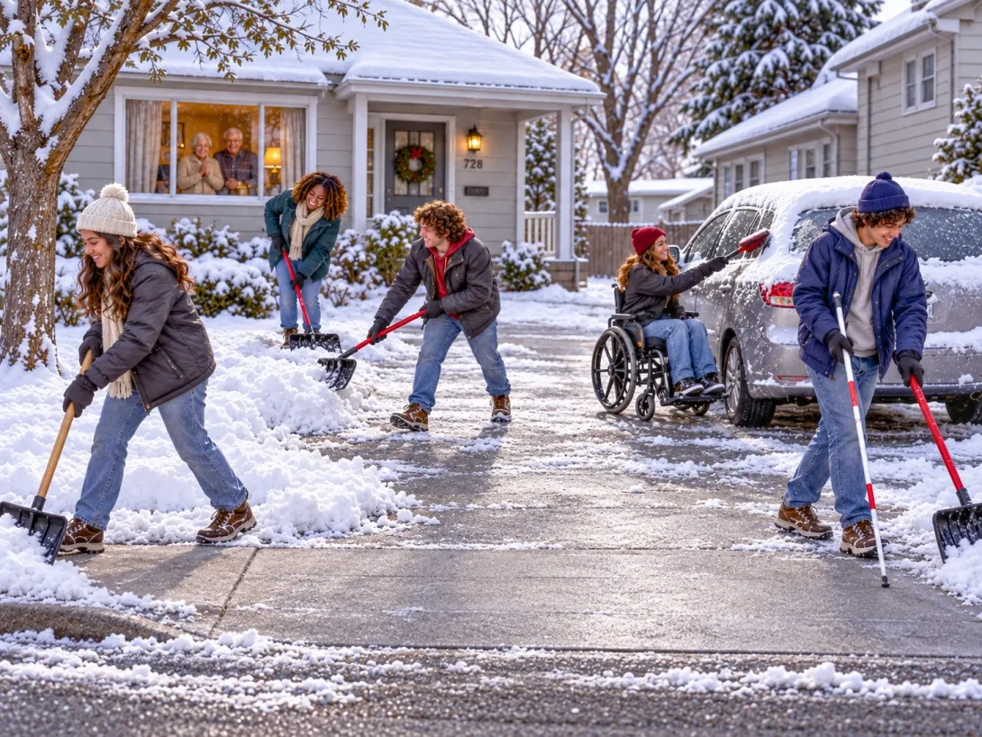 Five diverse youth volunteers help clear snow at an elderly couple’s modest home. Three shovel the driveway and sidewalk, a young woman using a wheelchair brushes snow from the car with a soft snow brush, and a blind young man shovels while using his white cane. The others work hard shoveling the main driveway. The elderly couple smile warmly from their front window, watching with appreciation.